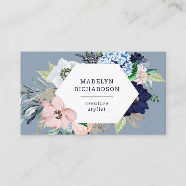 Carte De Visite Fleurs marines bleues et bleues sur bleu Dusty (Devant)