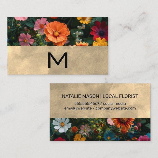 Carte De Visite Fleurs naturelles colorées | Monogramme (Devant / Derrière)