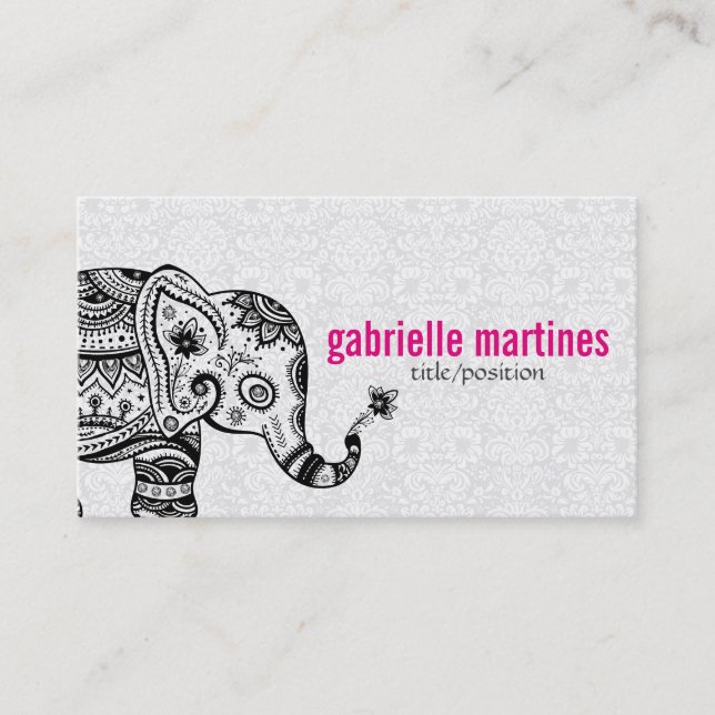 Carte De Visite Fleurs noires rétro & Diamants blancs éléphants (Devant)