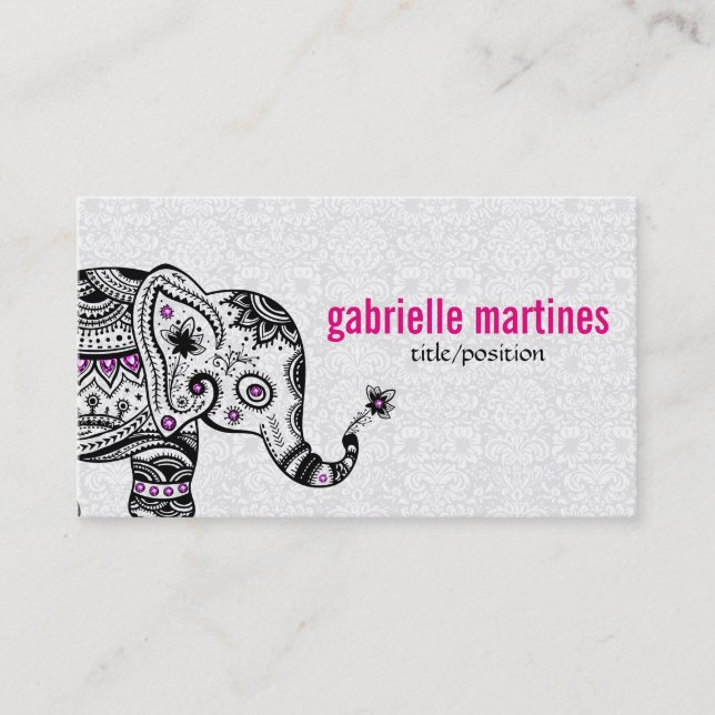 Carte De Visite Fleurs noires rétro et diamants roses éléphants (Devant)