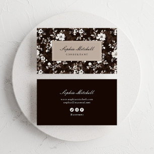 Carte De Visite Fleurs Old Money Marron foncé, Beige et Blanc