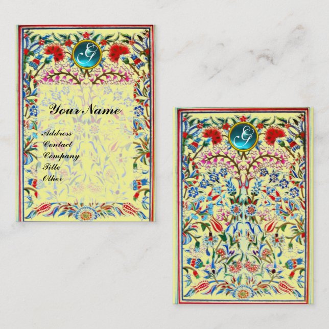 Carte De Visite FLEURS ORIENTALES DAMASK MONOGRAM Bleu Jaune (Devant / Derrière)