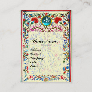 Carte De Visite FLEURS ORIENTALES DAMASSÉ MONOGRAMME Bleu Crème