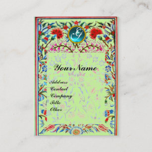 Carte De Visite FLEURS ORIENTALES DAMASSÉ MONOGRAMME Bleu Vert