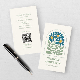 Carte De Visite Fleurs rétro bleu et vert