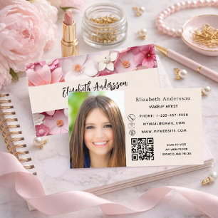 Carte De Visite Fleurs rose blanc logo QR photo
