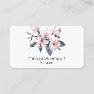 Carte De Visite Fleurs rose et gris Aquarelle classique