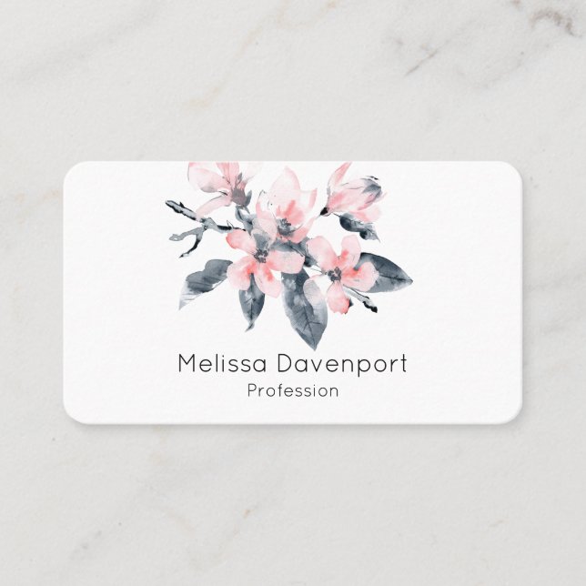 Carte De Visite Fleurs rose et gris Aquarelle classique (Devant)