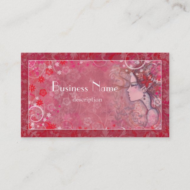 Carte De Visite Fleurs rose rouge et blanc avec femme illustrée (Devant)