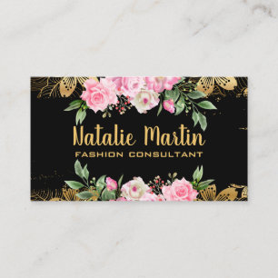 Carte De Visite Fleurs roses   Modèle Floral d'or