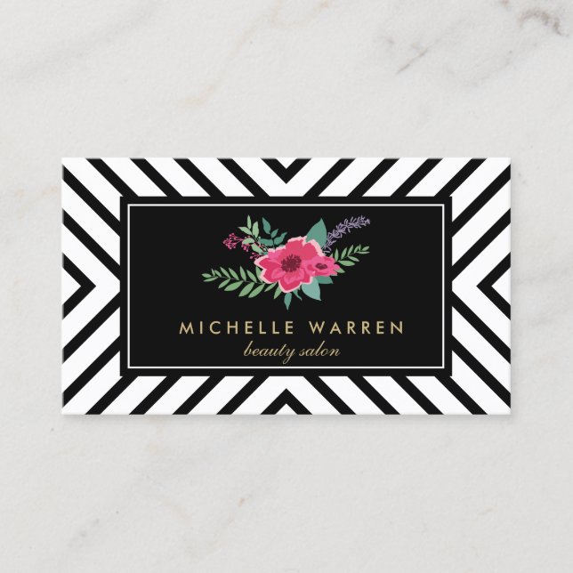 Carte De Visite Fleurs roses Motifs noires et blanches rétro (Devant)