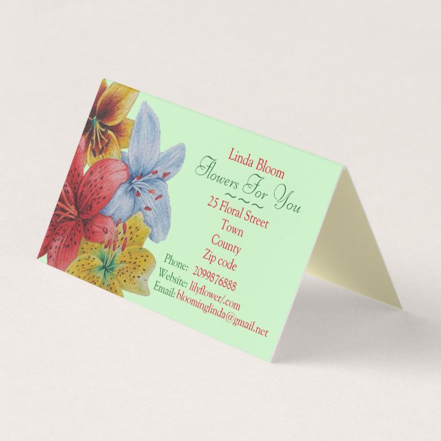 Carte De Visite fleurs rouge jaune bleu Lys fleuristes originaux B (Devant)