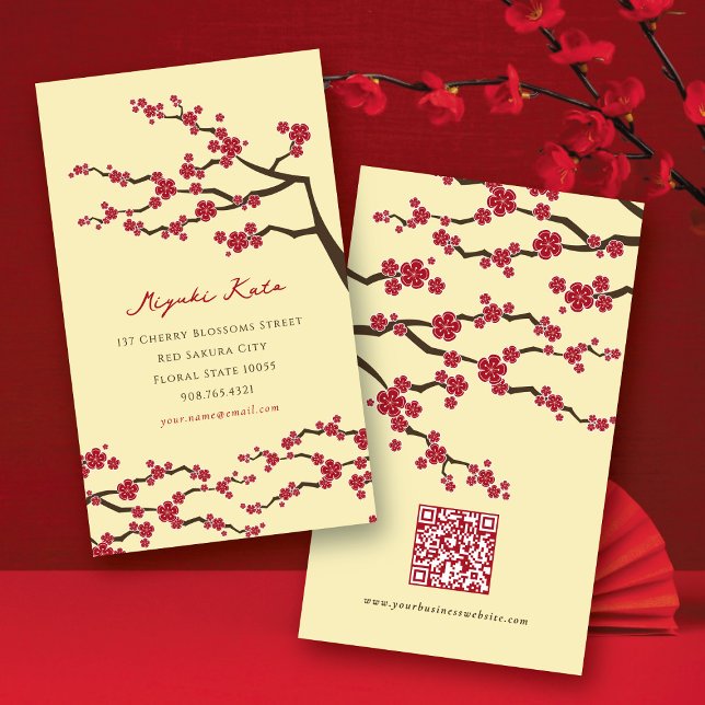Carte De Visite Fleurs Rouge Sakura Fleurs Oriental Chic Cherry Bl (Red Sakura Spring Flowers Oriental Chic Asian Cherry Blossoms Business Card @ fatfatin)