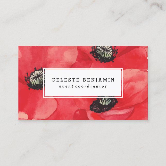 Carte De Visite Fleurs rouges d'aquarelle des pavots | (Devant)