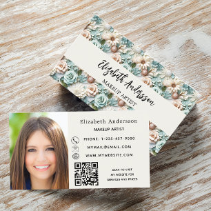 Carte De Visite Fleurs vert pâle photo logo QR