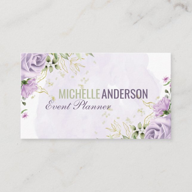 Carte De Visite Fleurs Violettes Feuillage | Aquarelle (Devant)