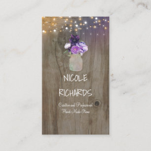 Carte De Visite Fleurs violettes Mason Jar Bois rustique et lumièr