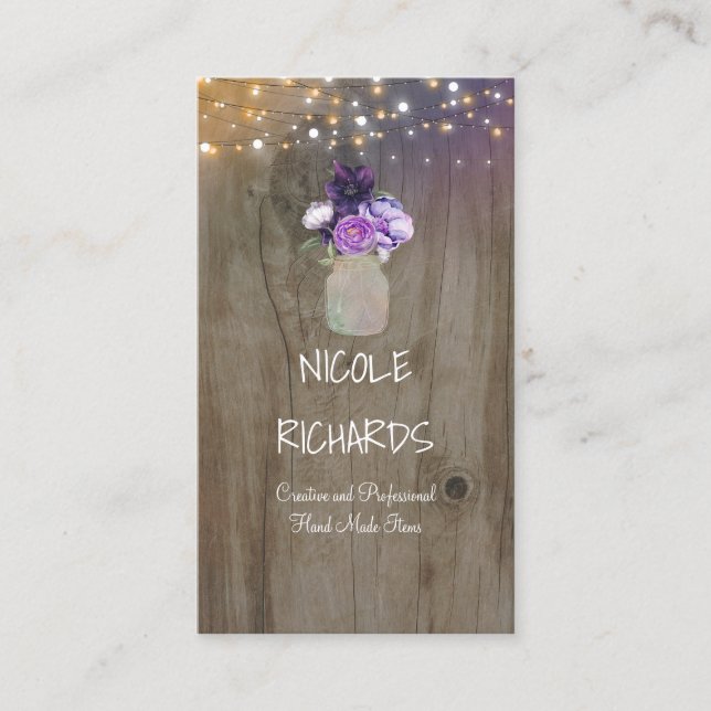 Carte De Visite Fleurs violettes Mason Jar Bois rustique et lumièr (Devant)