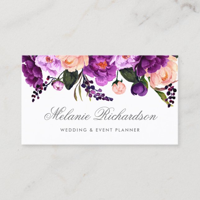 Carte De Visite Floral argenté pourpre ultra-violet élégant (Devant)