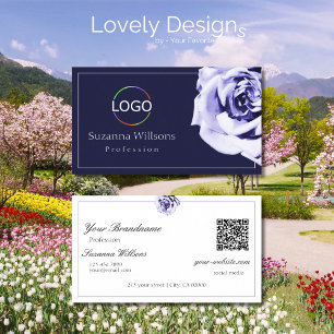 Carte De Visite Floral Bleu et Blanc Cute Rose avec logo QR Code
