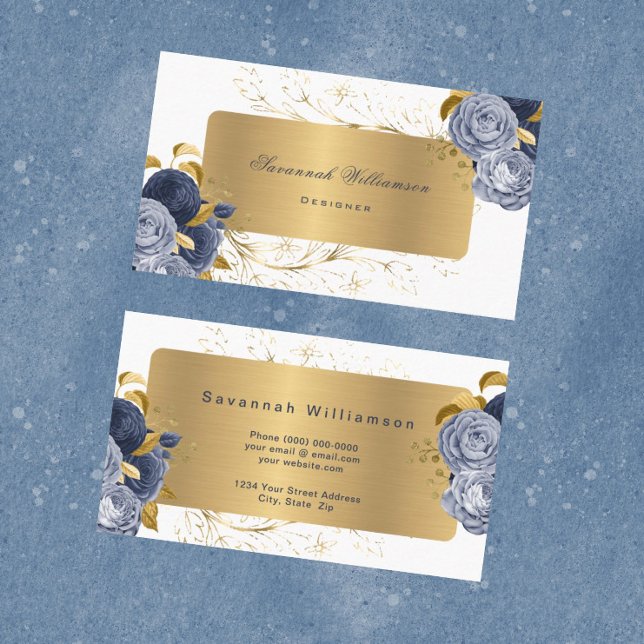 Carte De Visite Floral Blue Rose Gold personnalisable (Créateur téléchargé)