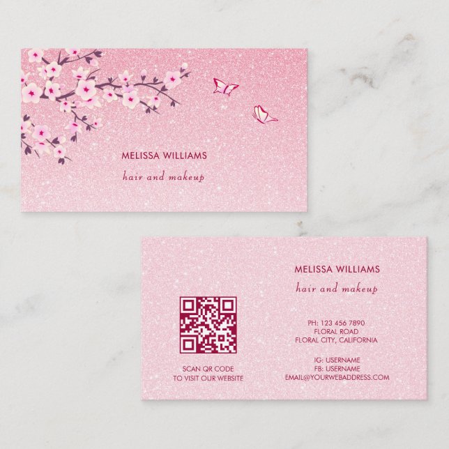 Carte De Visite Floral Cherry Blossom Pink Glitter QR Code (Devant / Derrière)