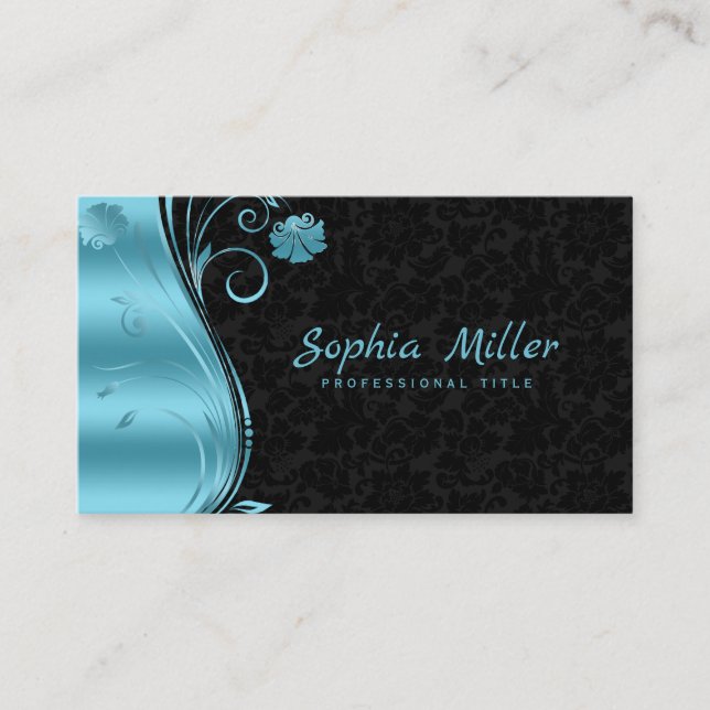 Carte De Visite Floral Damask Blue Swirl (Devant)