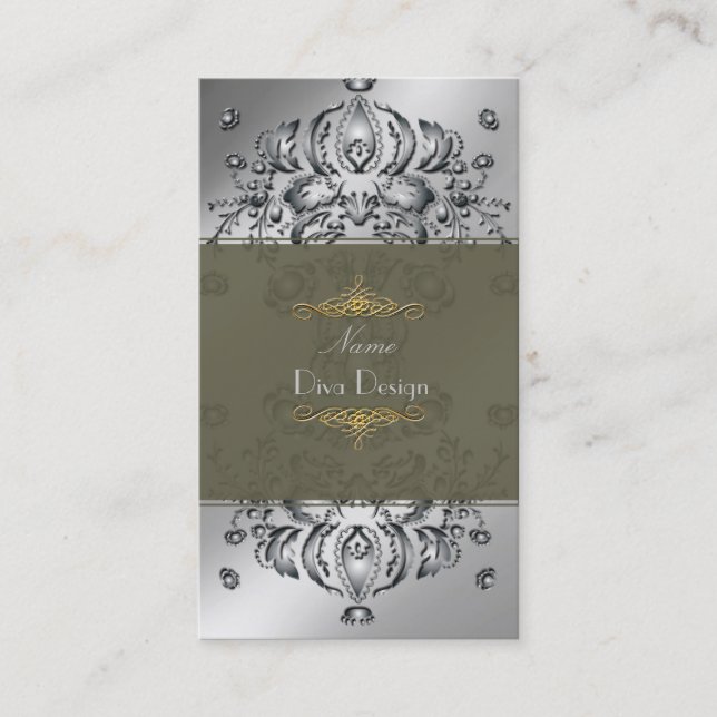 Carte de visite Floral Damask ton argent (Devant)