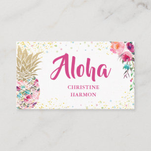 Carte de visite floral d'ananas rose tropical d'or