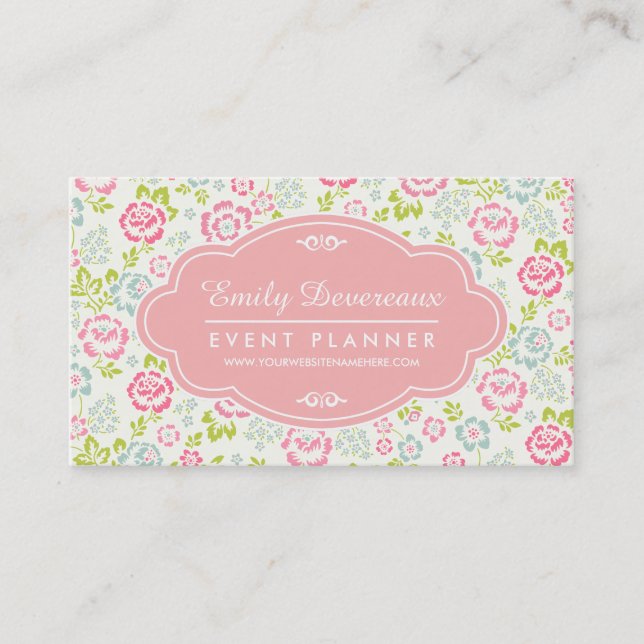 Carte De Visite Floral Girly rose et bleu mignon personnalisé (Devant)