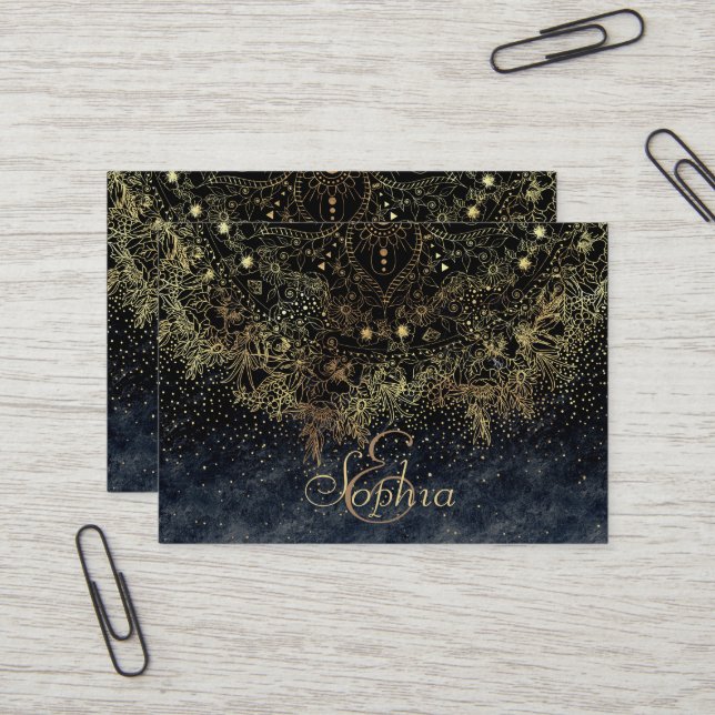 Carte De Visite Floral Mandala or bleu (Devant/Arrière en situation)