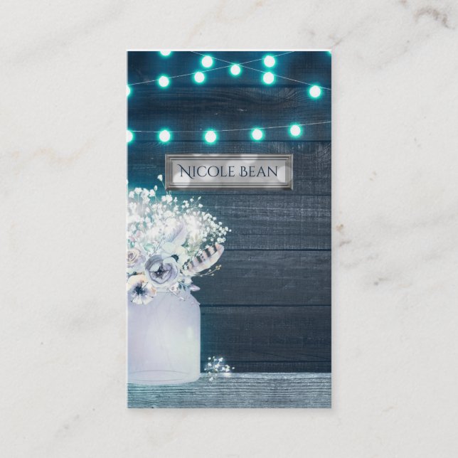Carte De Visite Floral Mason Jar & Blue Lights Mariage rustique (Devant)