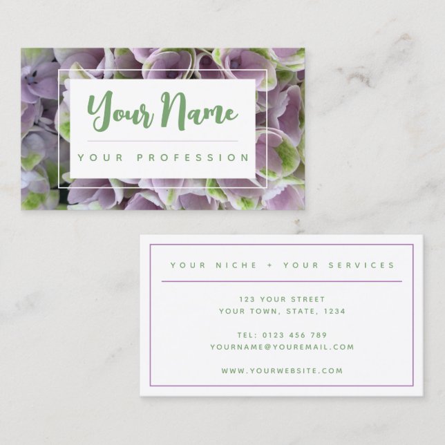 Carte de visite floral mauve et vert personnalisab (Devant / Derrière)