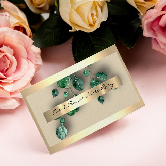 Carte De Visite Floral Mint Green Eucaliptus Gold Event Planner (Créateur téléchargé)