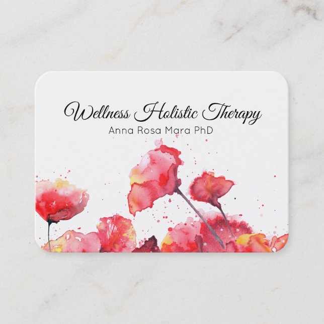 Carte De Visite *~* Floral Moderne Aquarelle Rouge Fleurs de pavot (Devant)