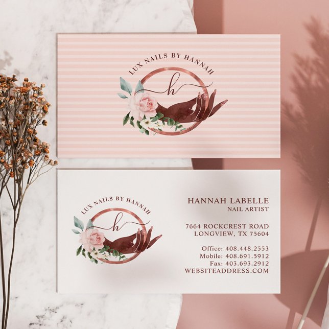 Carte De Visite Floral Nail Art Manicure Hand Salon Monogramme Log (Chic Antique Black Chandelier Marble Business Card)