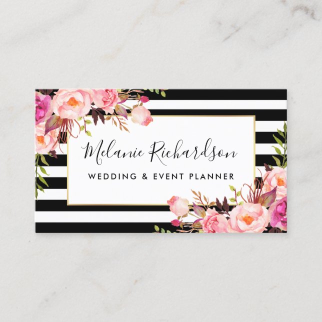 Carte De Visite Floral noir rose et élégant (Devant)