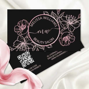 Carte De Visite Floral noir rose rose or Code QR