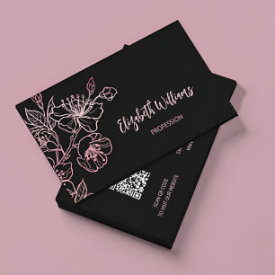 Carte De Visite Floral noir rose rose or   Code QR