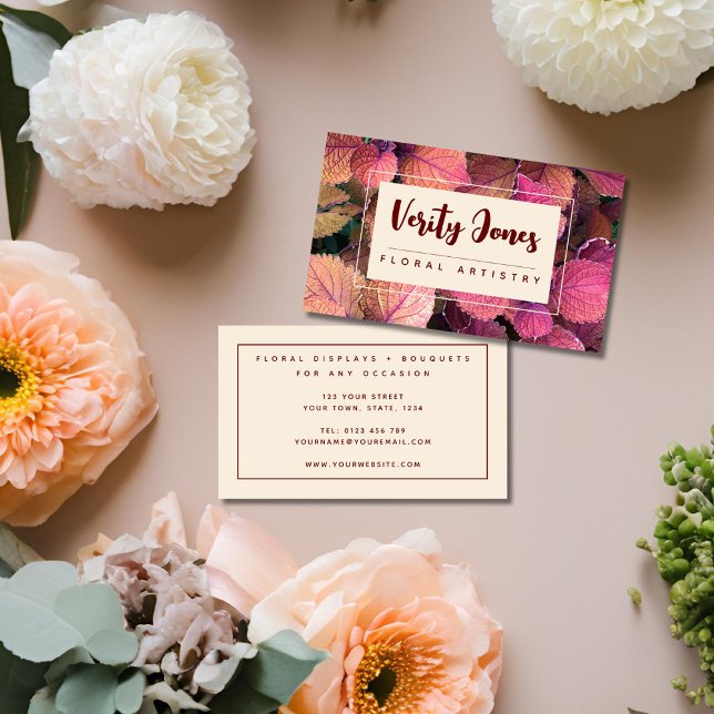 Carte de visite floral personnalisable (Warm floral tones, pink, burgundy, cream, elegant florist or floral business card)