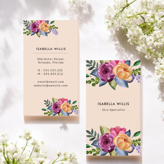 Carte De Visite Floral Purple Fleurs Jaunes Pastel Vertical (Créateur téléchargé)