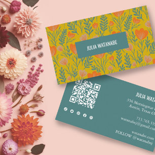 Carte De Visite Floral QR Code Social Media Gold Green Chic