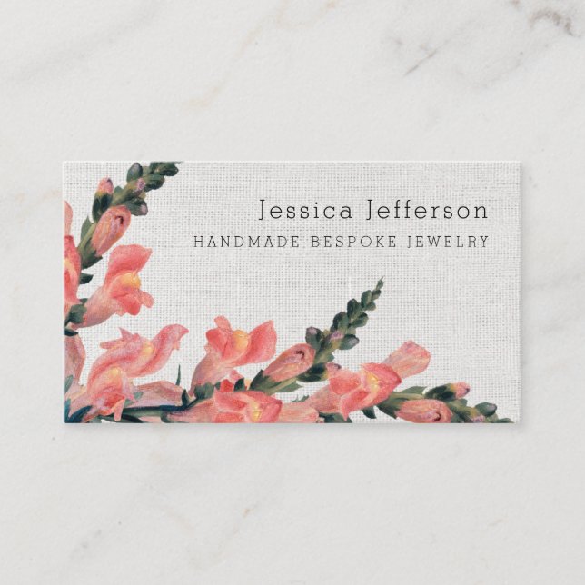 Carte De Visite Floral rose Faux Lin Texture Delicate Moderne (Devant)