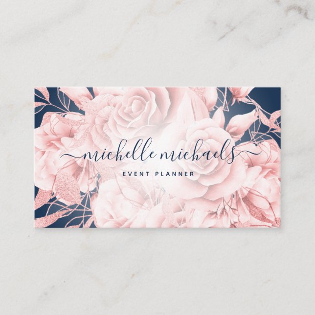 Carte De Visite Floral Rose Gold Navy Script moderne  (Devant)