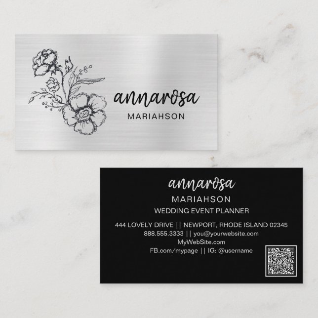Carte De Visite *~* Floral Silver QR LOGO PHOTO Fleur élégante  (Devant / Derrière)