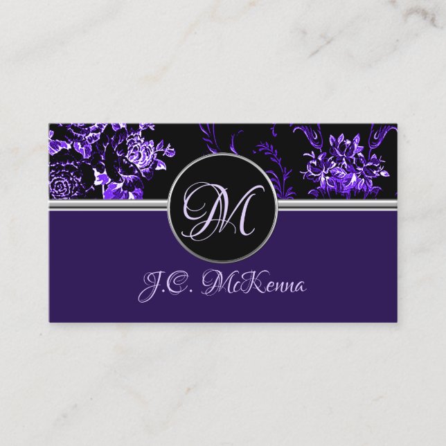 Carte de visite floral violet monogramme 2 (Devant)