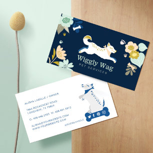 Carte De Visite Florale bleu marine chien services animaux 
