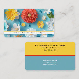Carte de visite florale moderne bleu rouge blanc