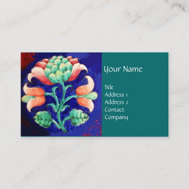 Carte De Visite FLORALE VERT BLEU /Fleur rose stylisée (Devant)