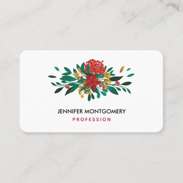 Carte De Visite Flore moderne rouge vert et or Noël (Devant)